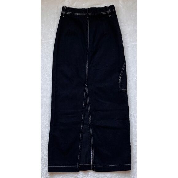 NWT Zara High Waist Long Black Denim Contrast Stitched Apron Skirt, Size XXS - Picture 7 of 9
